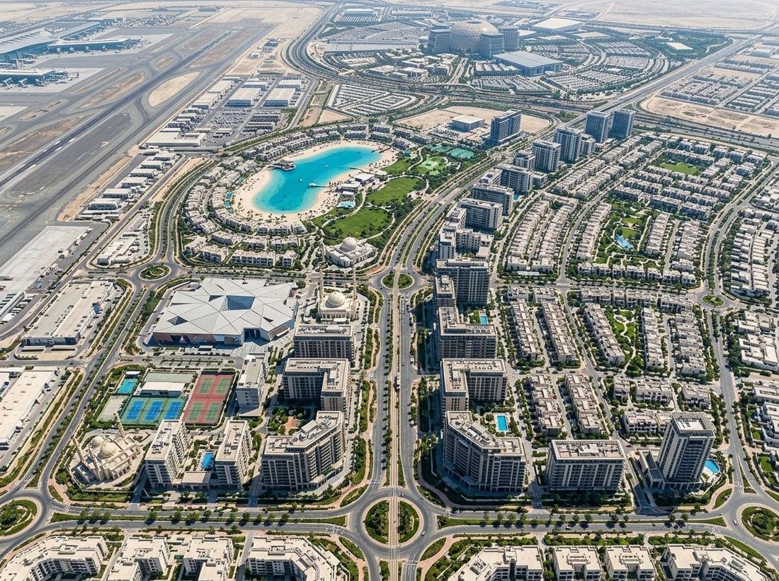 Lotniczy widok dzielnicy apartamentów przy bulwarze w Dubai South
