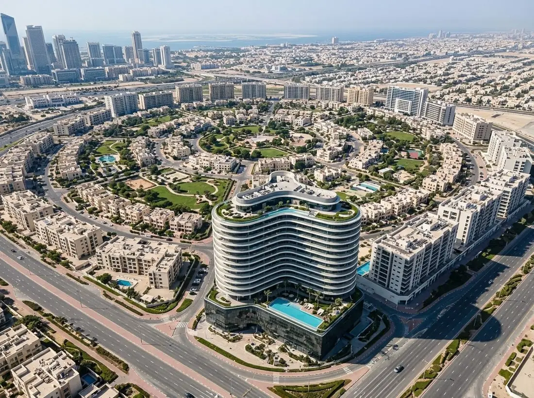Lotniczy widok dzielnicy Jumeirah Village Circle z wieżą Mira Heights
