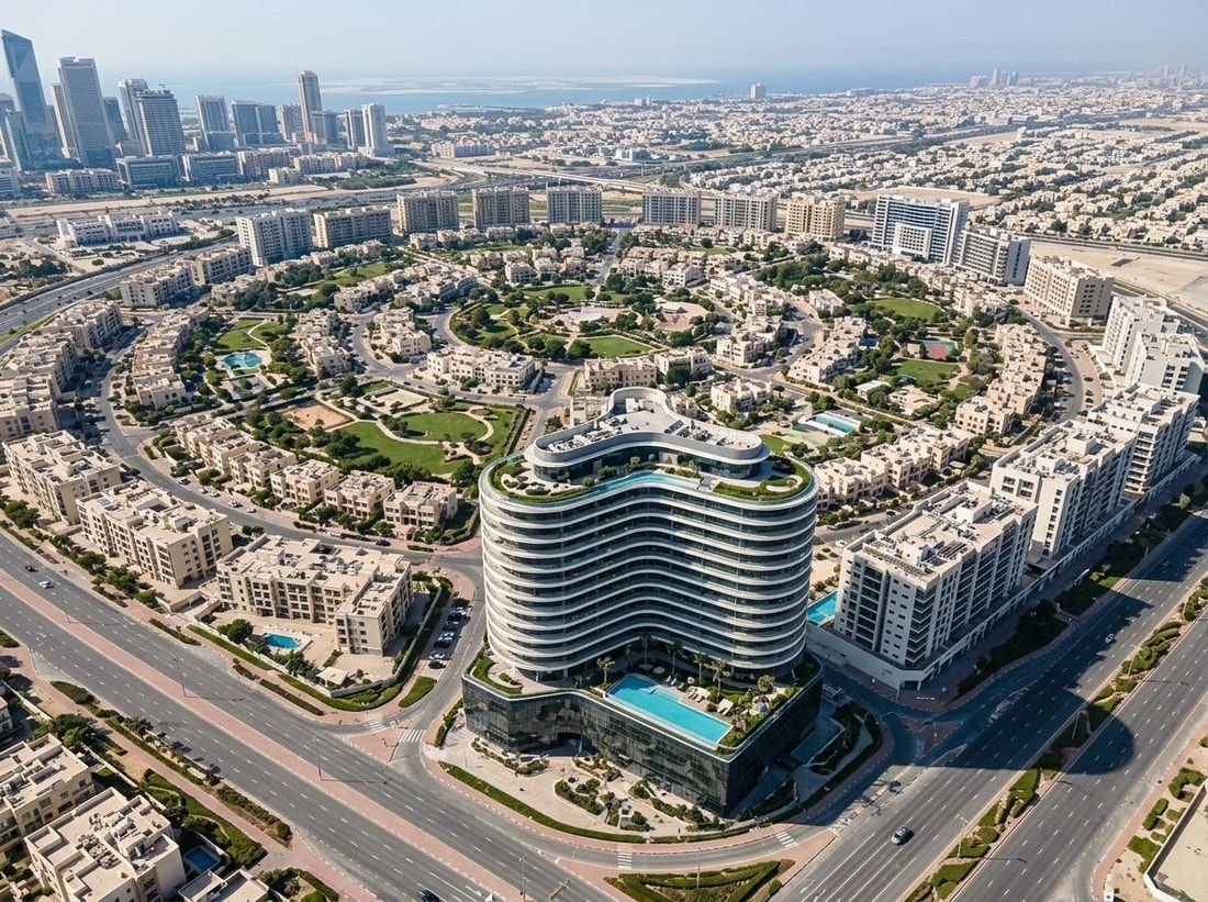 Lotniczy widok dzielnicy Jumeirah Village Circle z wieżą Mira Heights
