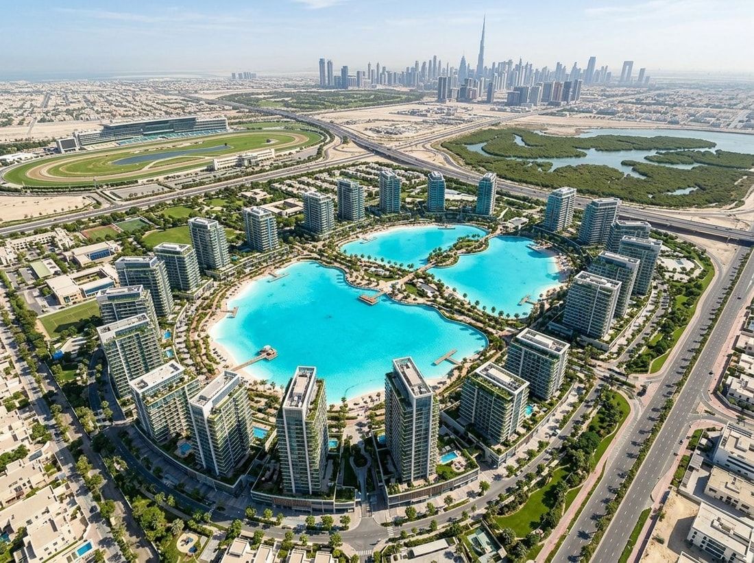 Lotniczy plan osiedla lagunowego Meraki Lagoons w Meydan Horizon