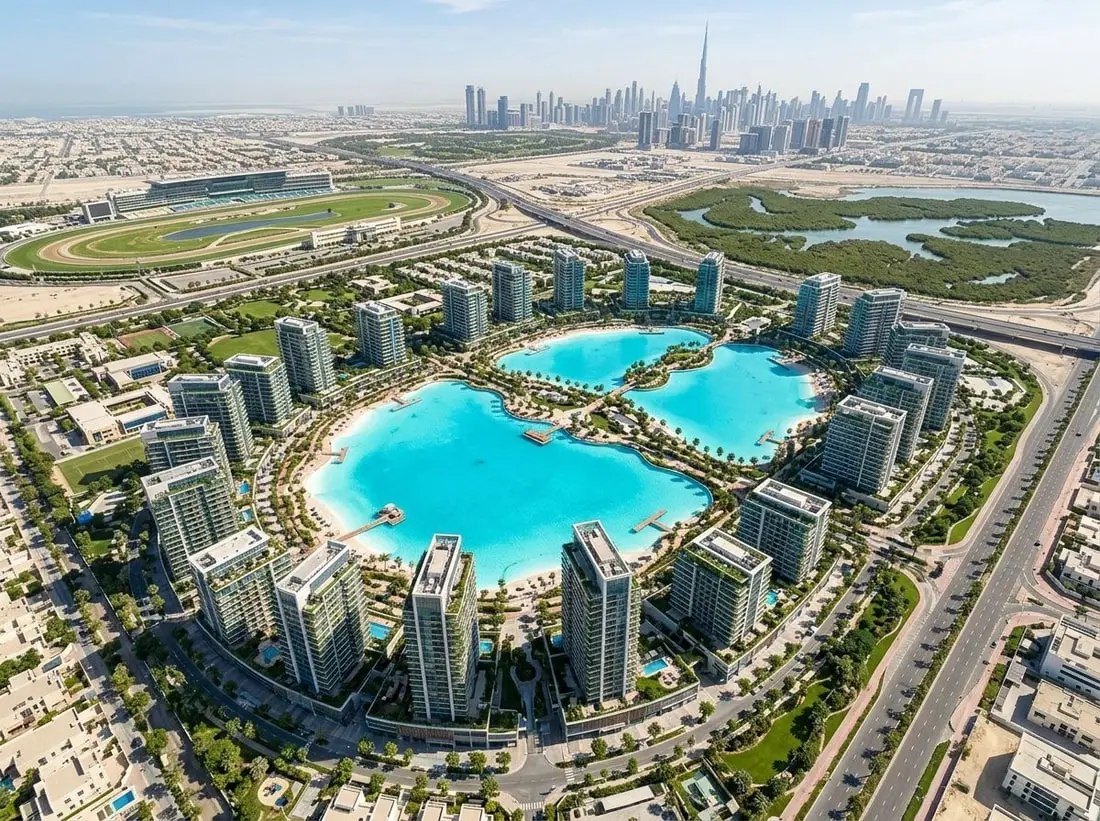 Lotniczy plan osiedla lagunowego Meraki Lagoons w Meydan Horizon