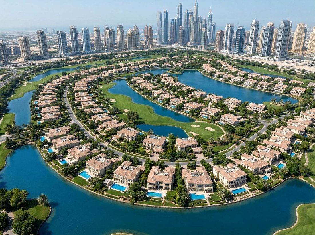 Lotniczy plan Emirates Hills z rezydencjami, polem golfowym i jeziorami