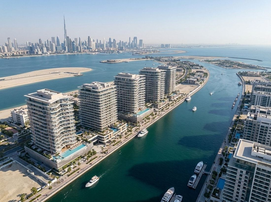Lotniczy widok Luxury Canal Residences wzdłuż kanału na Dubai Islands