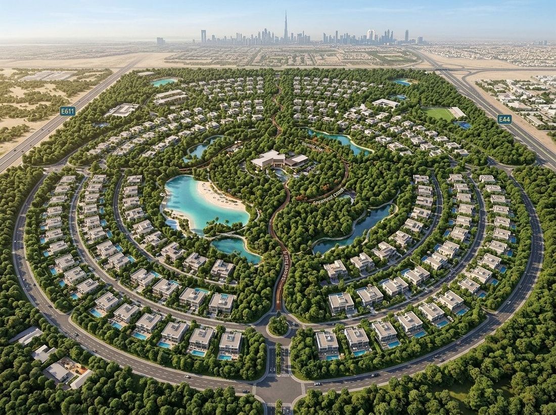 Lotniczy plan Sobha Elwood z gęstymi lasami i zielenią