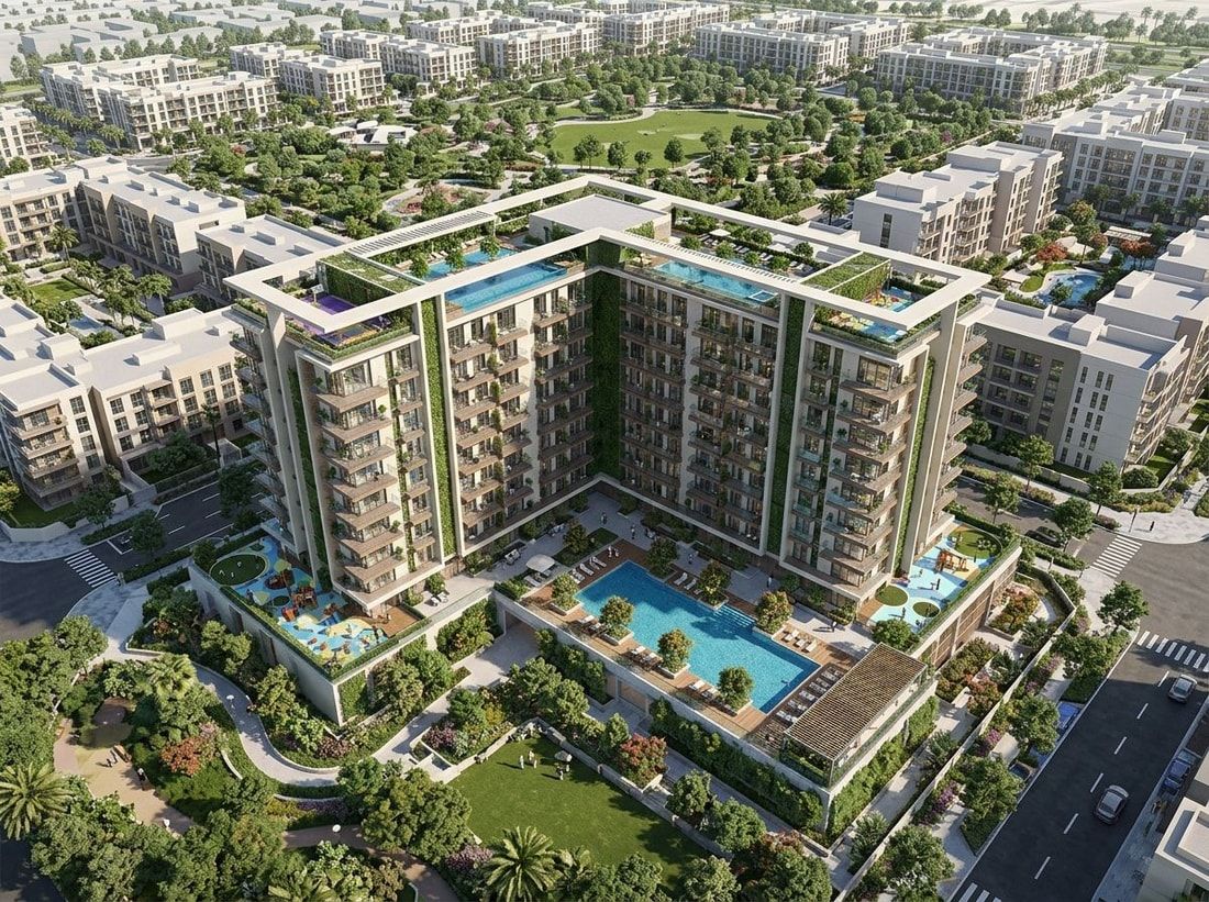 Lotniczy plan The Grove by Iman w zieleni Dubai Hills Estate