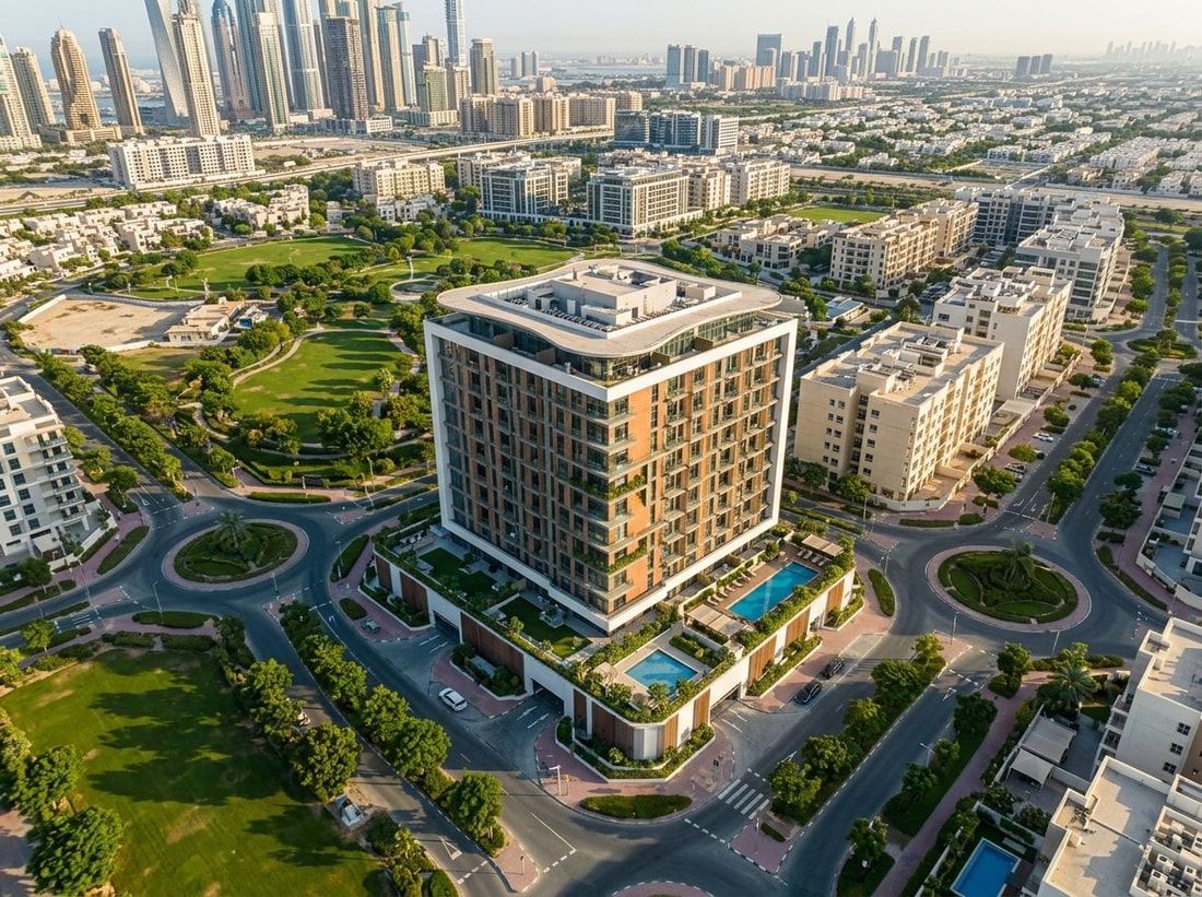 Lotniczy widok Stonehenge Residences II w zieleni JVC