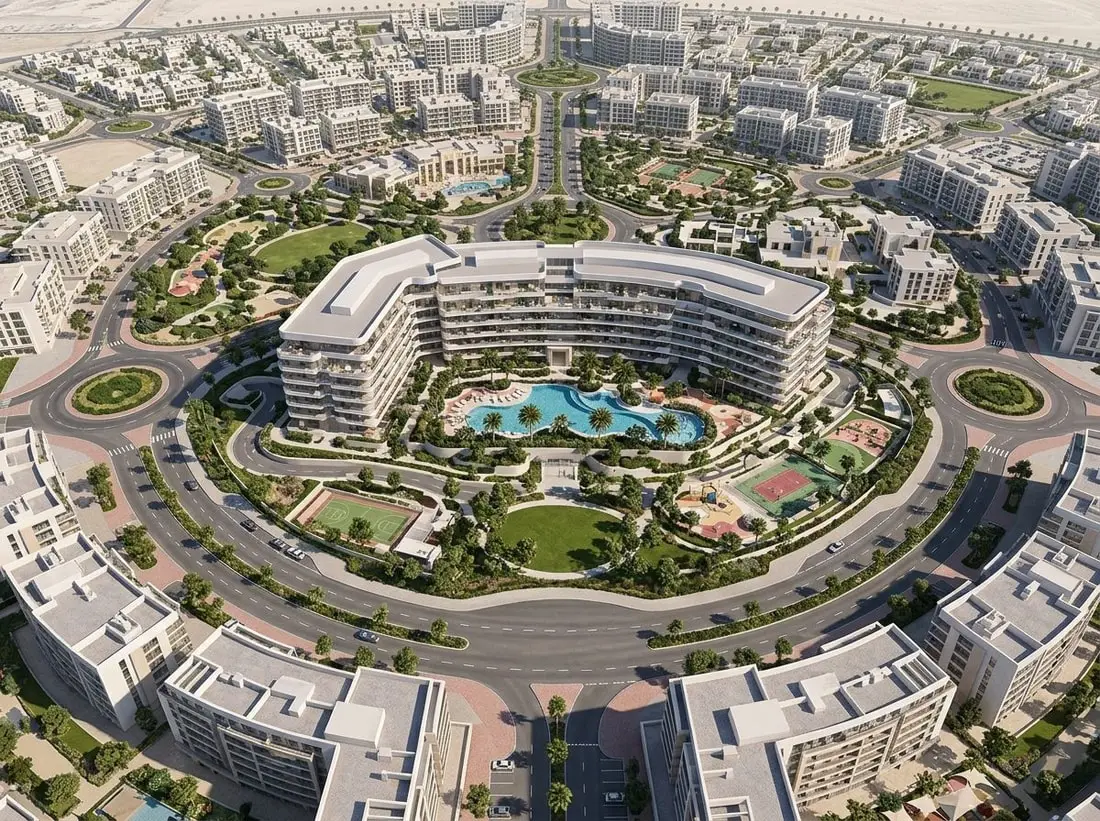 Lotniczy plan Oxford Cove o falującej bryle w JVC