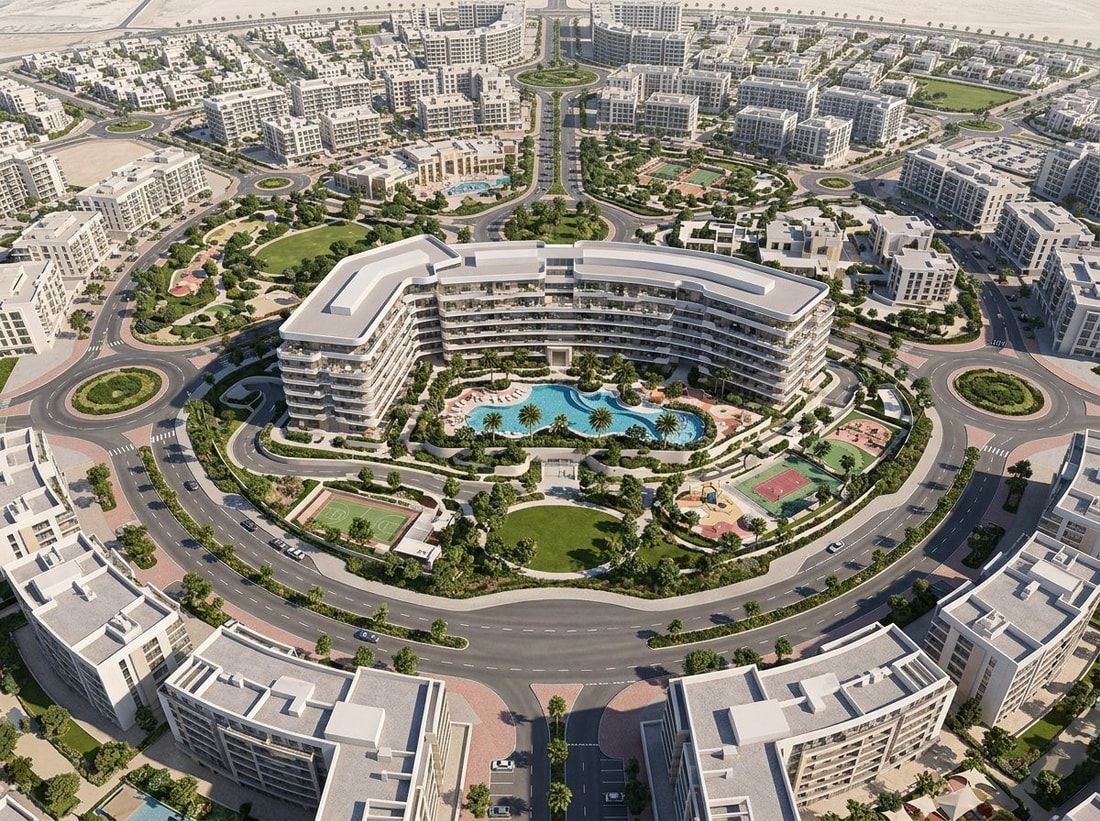 Lotniczy plan Oxford Cove o falującej bryle w JVC