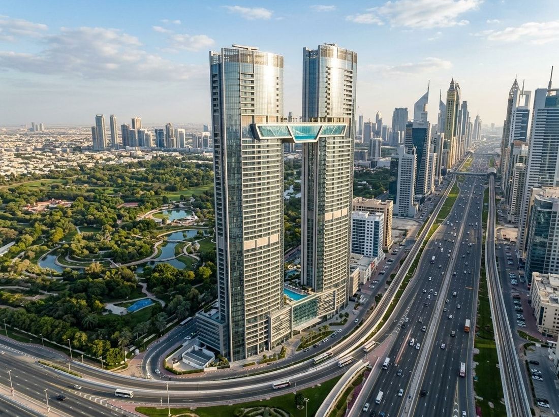 Lotniczy widok wieży Safa Two przy Safa Park i Sheikh Zayed Road