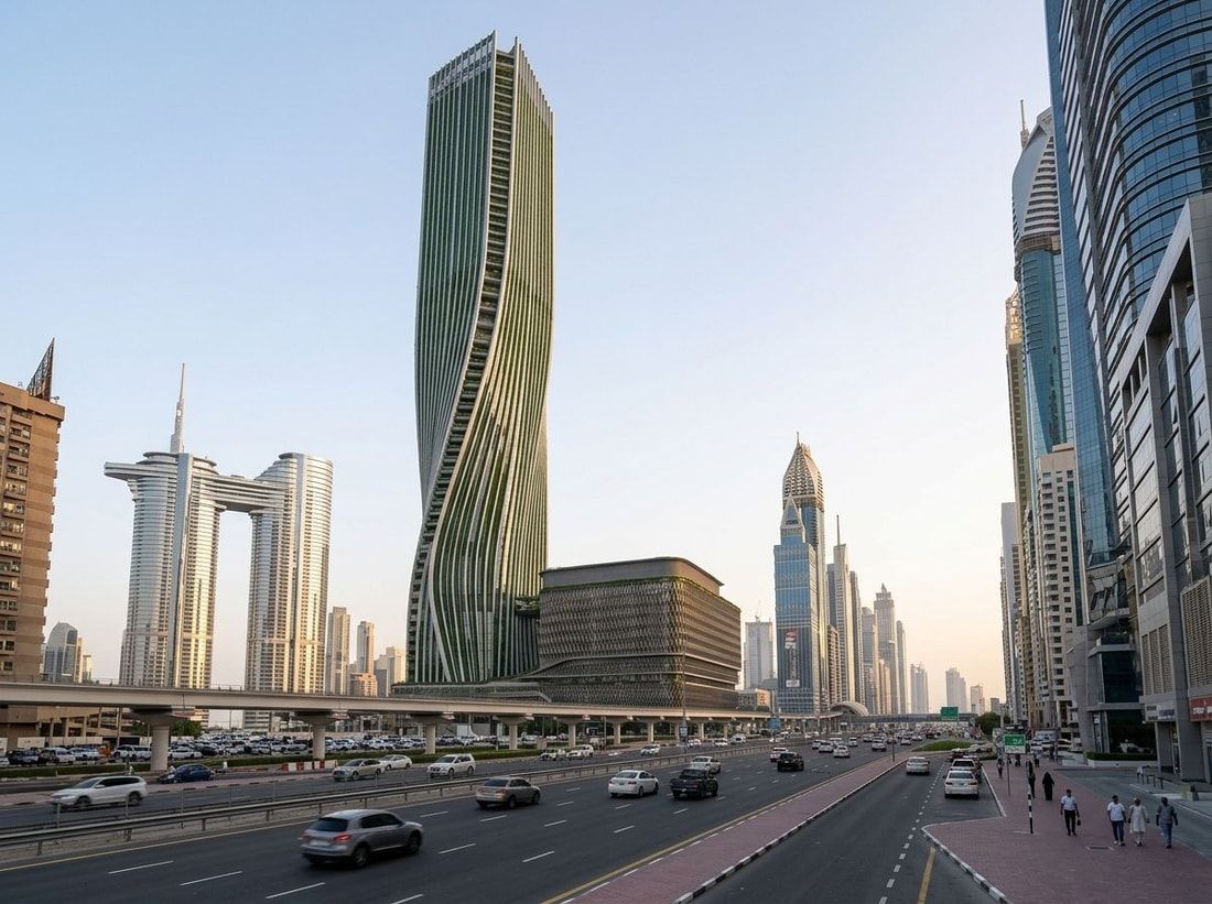 Widok z ulicy na smukłą wieżę wasl Tower z pionową zielenią