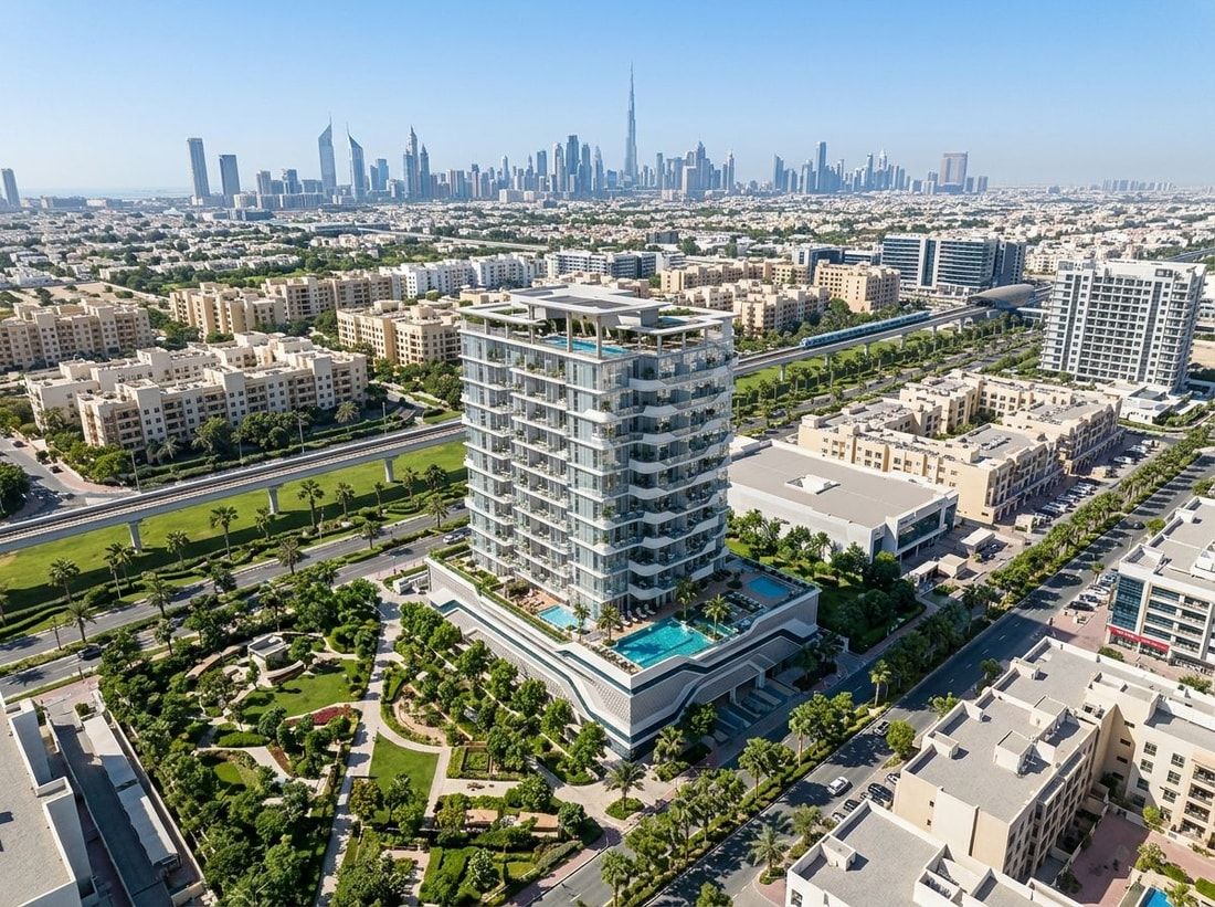 Lotniczy plan Evora Residences w zielonym Al Furjan