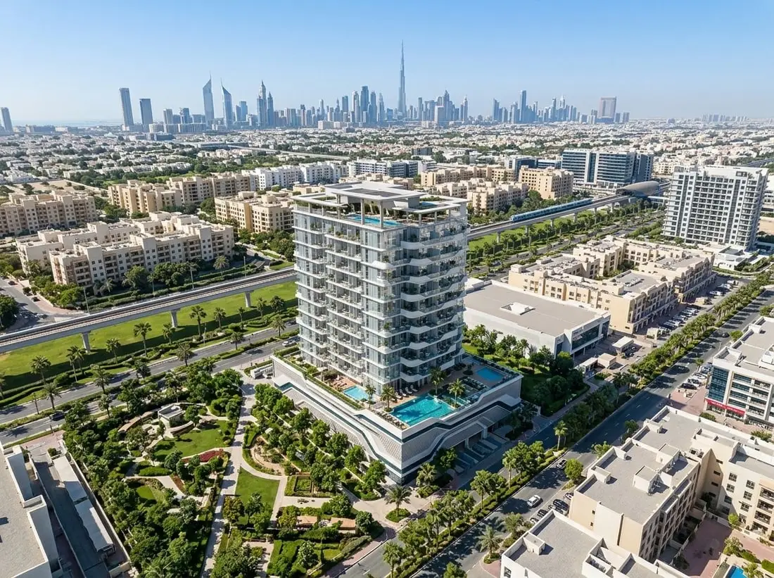 Lotniczy plan Evora Residences w zielonym Al Furjan