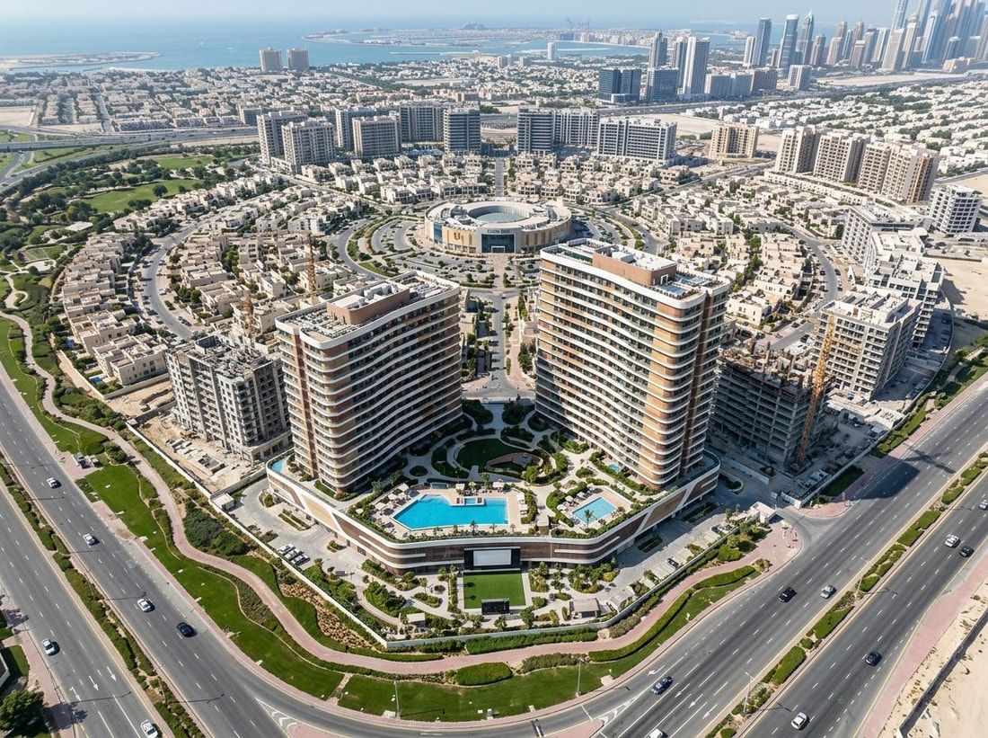 Lotniczy widok lokalizacji Cello w Jumeirah Village Circle