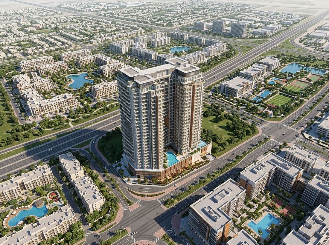 Lotniczy plan okolicy Nirvana Residences w Dubai Production City
