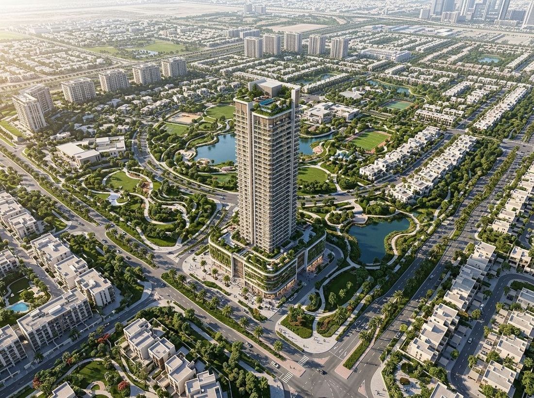 Lotniczy plan społeczności Dubailand z wieżą i zielenią