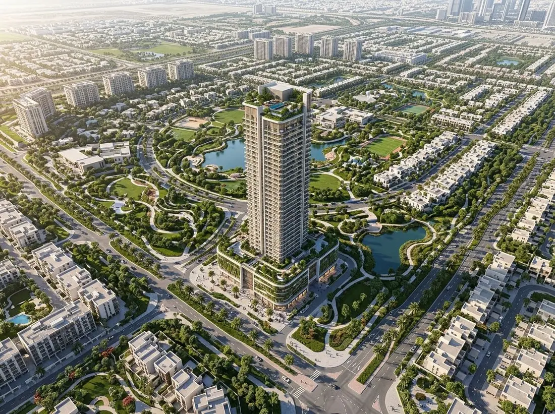 Lotniczy plan społeczności Dubailand z wieżą i zielenią