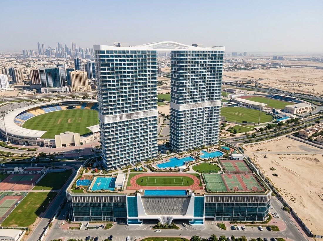 Lotniczy widok wież Danube Sportz przy Dubai Sports City