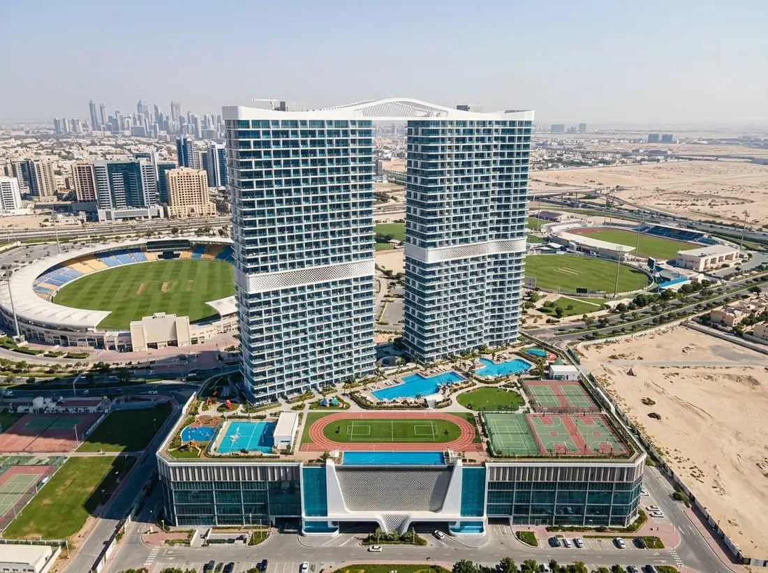 Lotniczy widok wież Danube Sportz przy Dubai Sports City