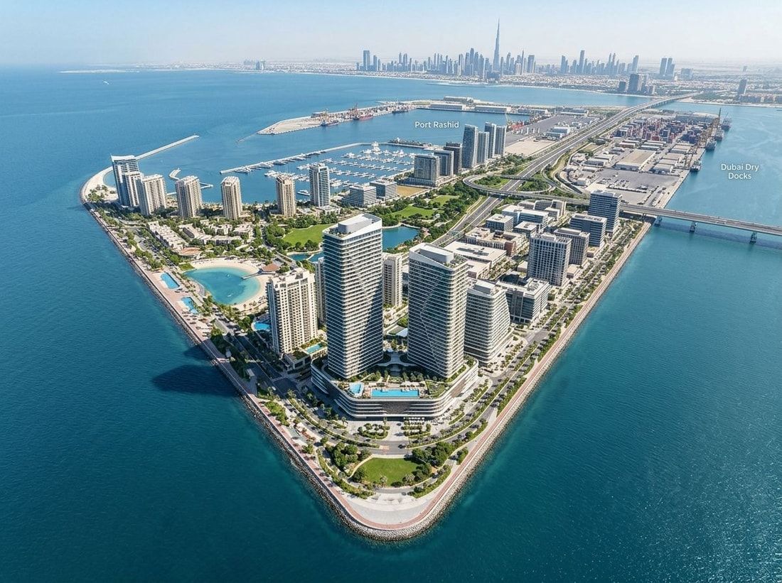 Plan nadmorskiej społeczności Dubai Maritime City z wieżami Orise