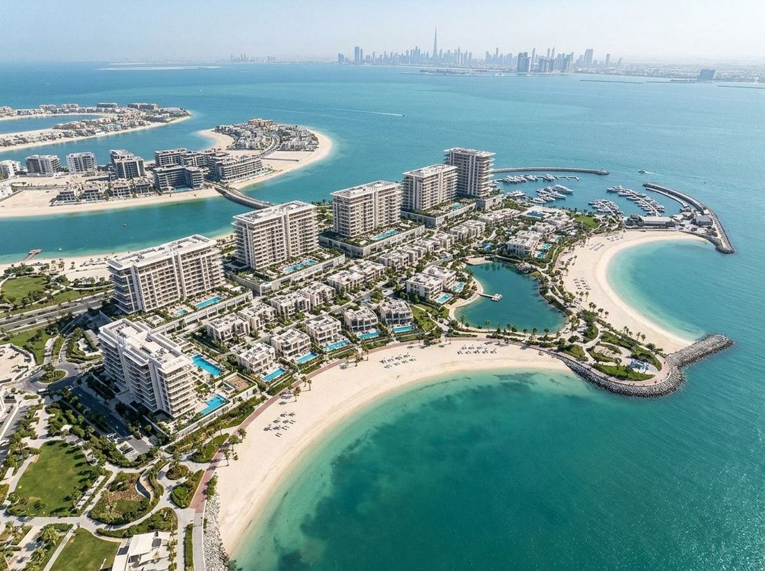 Lotniczy widok Elle Residences nad morzem na Dubai Islands