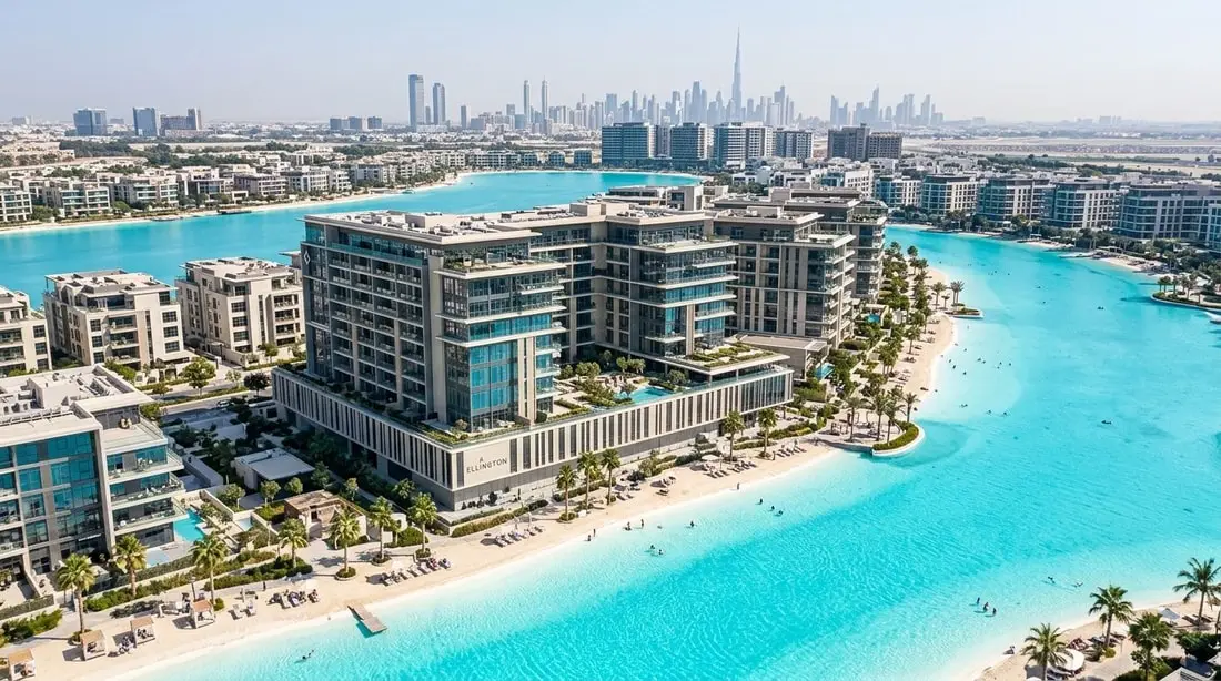 Lotniczy widok Everly Place przy krystalicznej lagunie Meydan Horizon