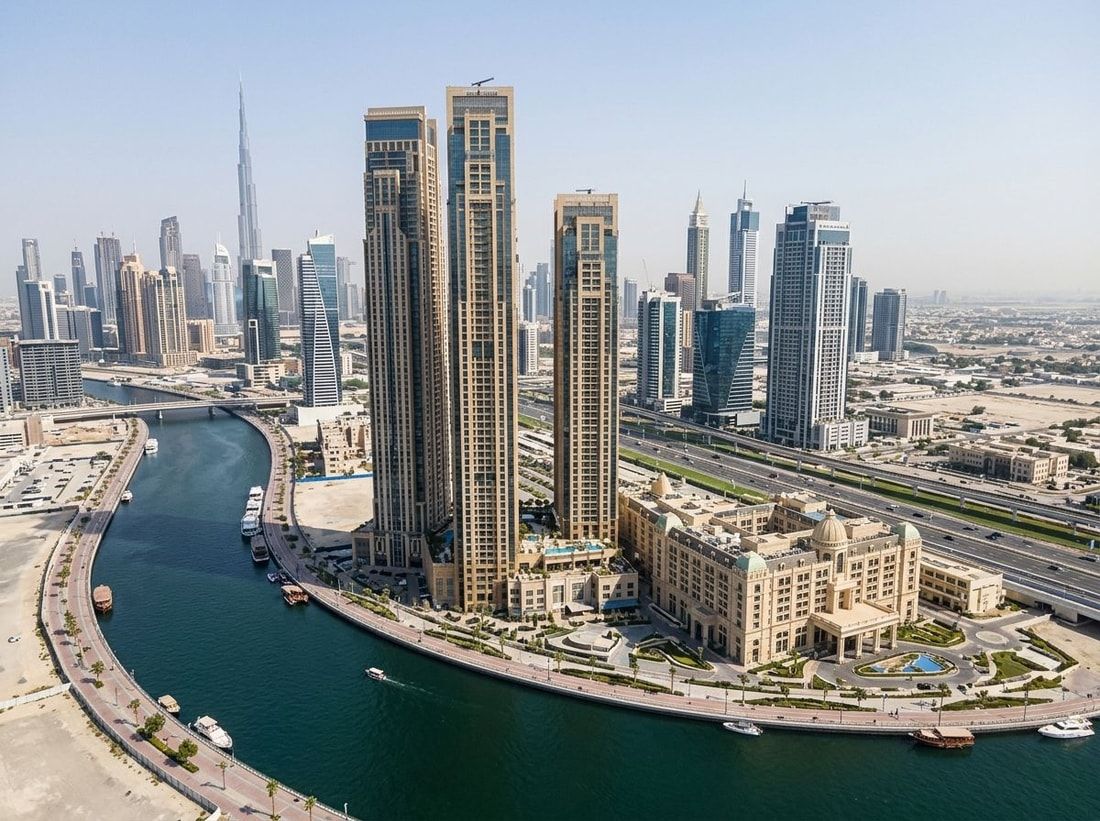 Trzy wieże Al Habtoor City wzdłuż Dubai Water Canal