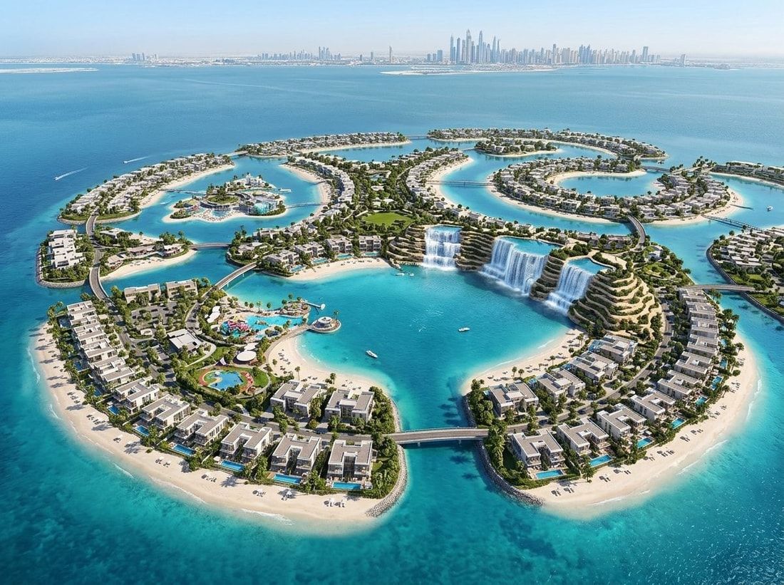 Lotniczy plan DAMAC Islands z wyspami, lagunami i wodospadami