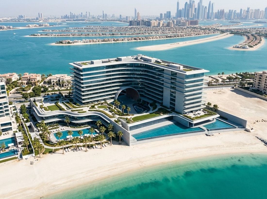 Lotniczy widok rezydencji Armani Beach na Palm Jumeirah z morzem i plażą