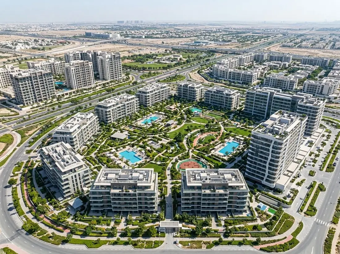 Lotniczy plan zielonego osiedla Verdania w Dubailand