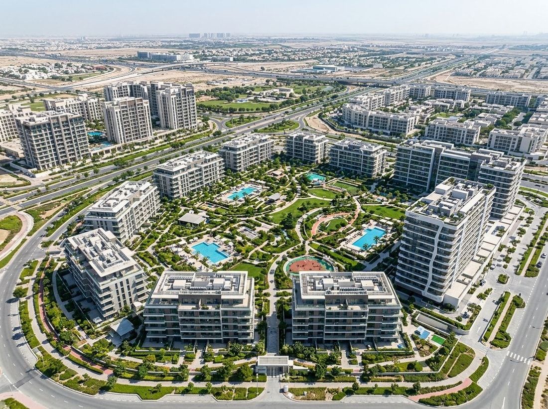 Lotniczy plan zielonego osiedla Verdania w Dubailand