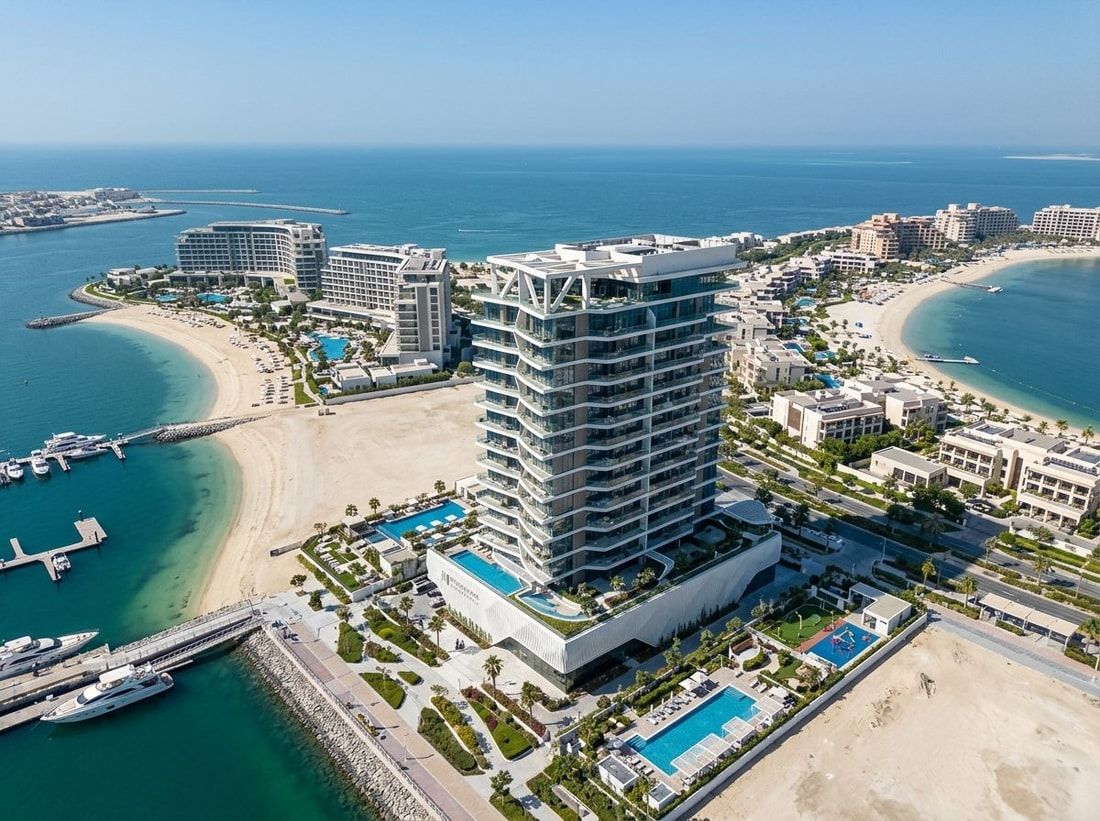 Lotniczy widok Coastal Haven wzdłuż wybrzeża Dubai Islands