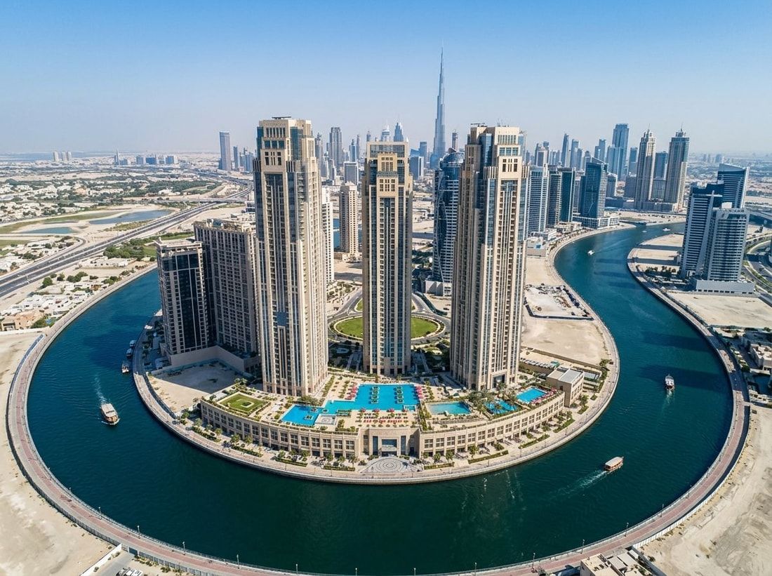 Zespół Al Habtoor City wzdłuż zakola Dubai Water Canal