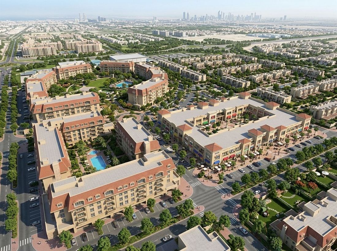 Lotniczy plan Uptown Mirdiff z apartamentami, townhouse'ami i centrum handlowym