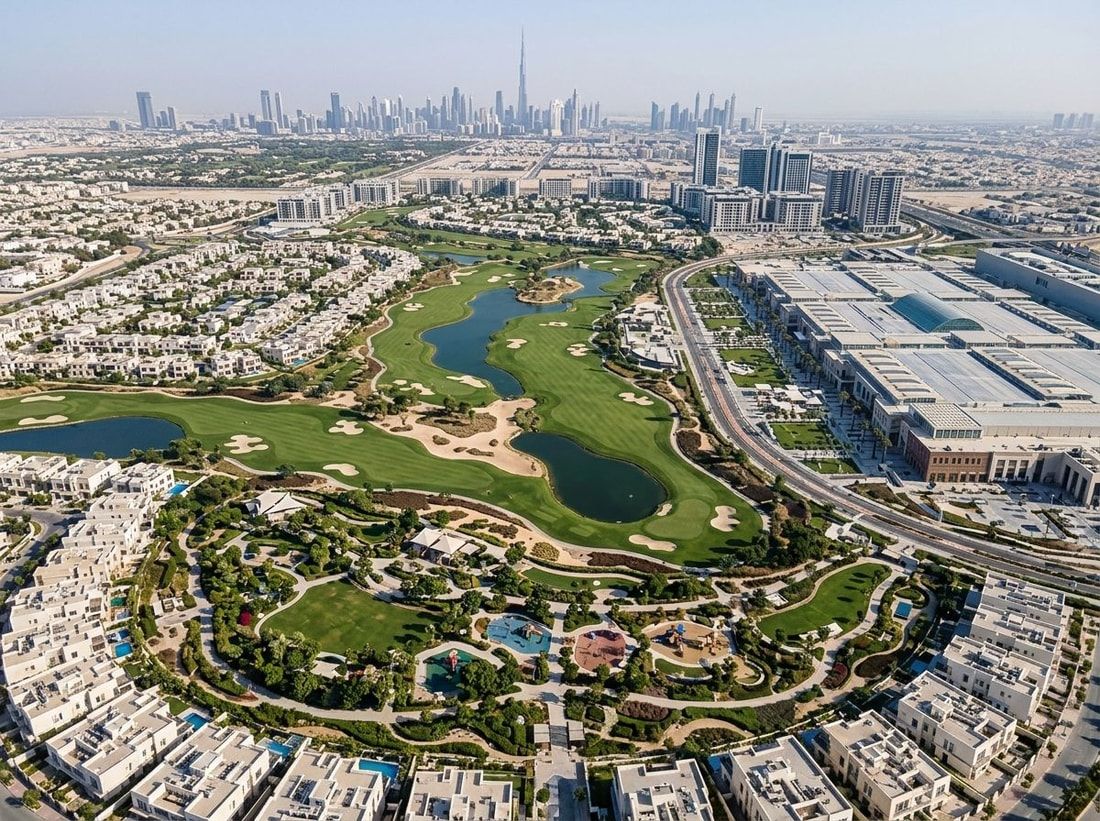 Lotniczy plan Dubai Hills Estate z polem golfowym, parkiem i mallem