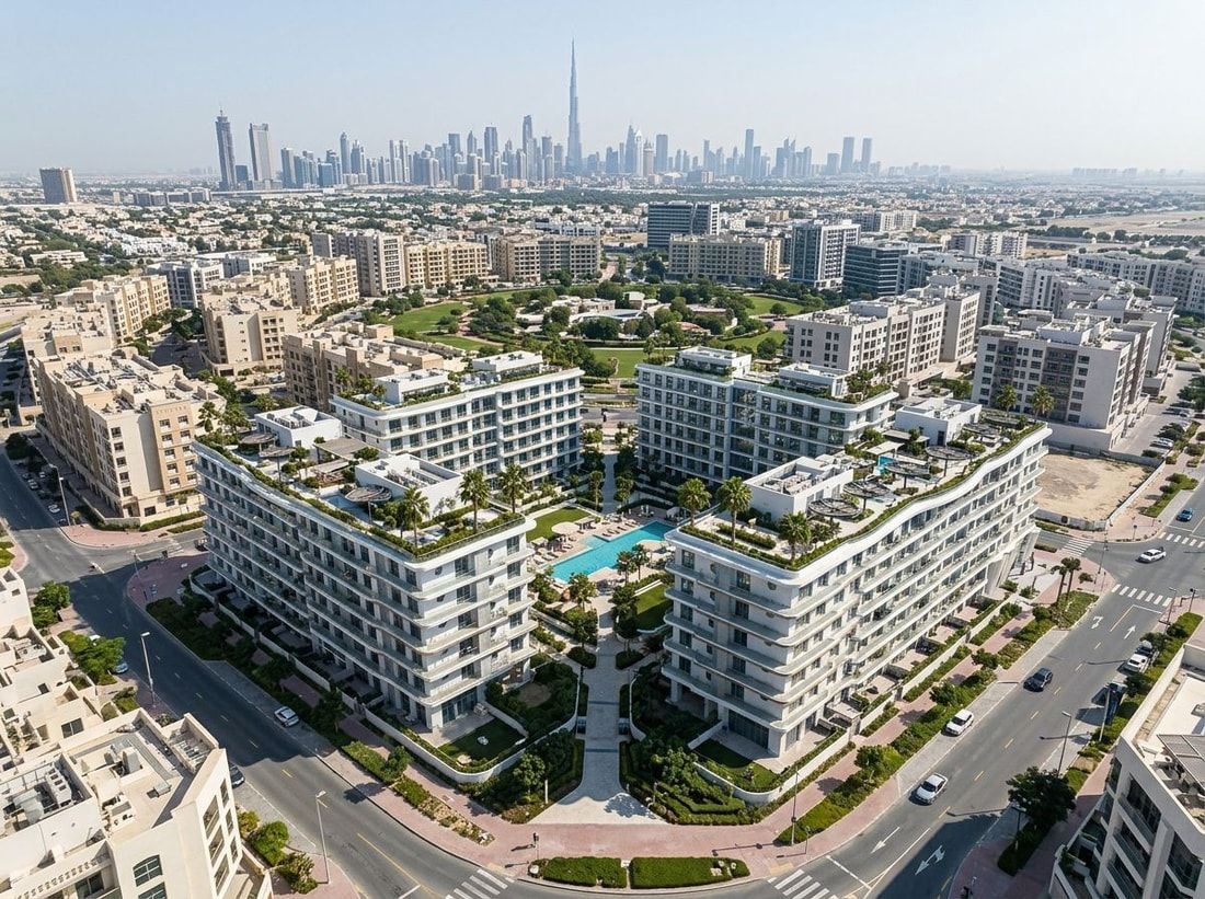 Lotniczy widok niskiej zabudowy Avana Residences w JVC