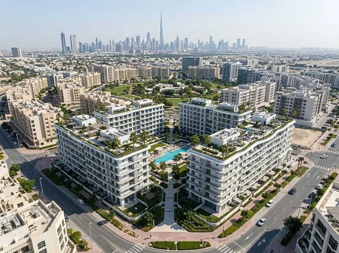 Lotniczy widok niskiej zabudowy Avana Residences w JVC