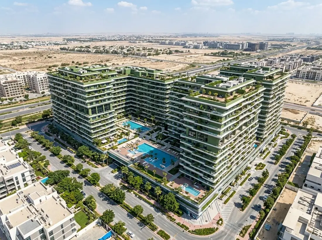 Lotniczy widok zielonej społeczności w Dubailand
