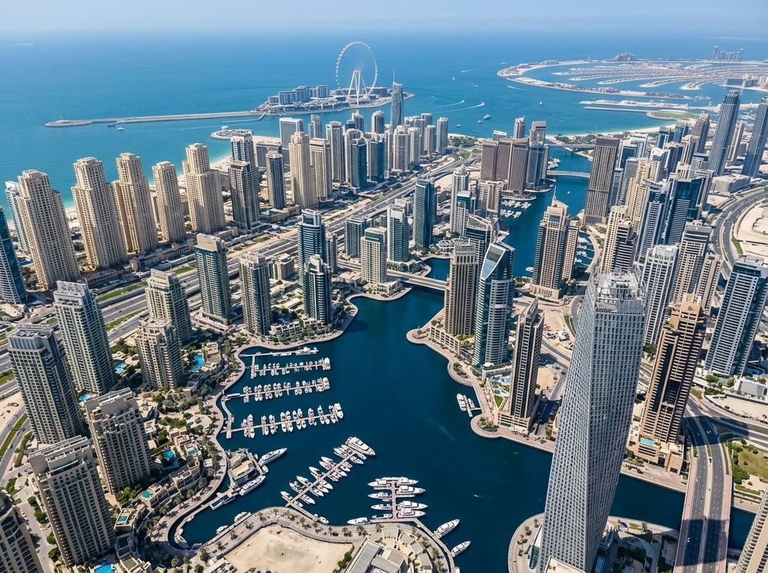 Lotniczy widok dzielnicy Dubai Marina z kanałem i przystanią