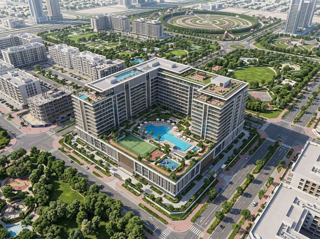 Lotniczy plan Oxford Gardens w zielonej dzielnicy Arjan