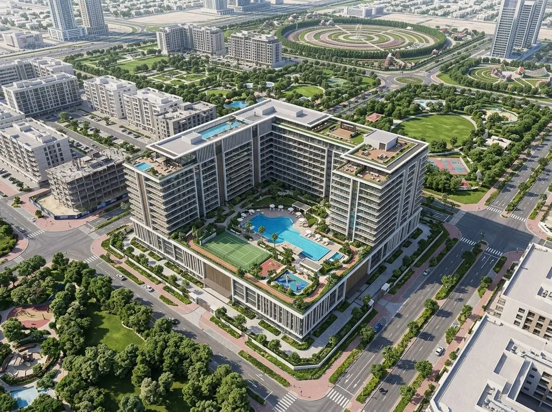 Lotniczy plan Oxford Gardens w zielonej dzielnicy Arjan
