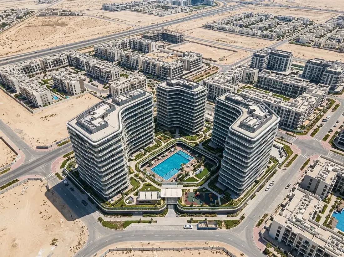 Lotniczy widok osiedla Milos Residences w Dubai Land Residence Complex