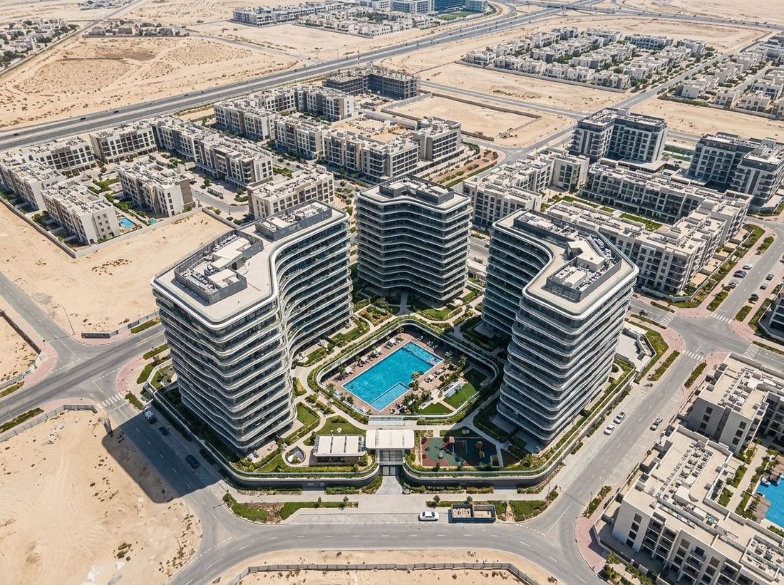 Lotniczy widok osiedla Milos Residences w Dubai Land Residence Complex
