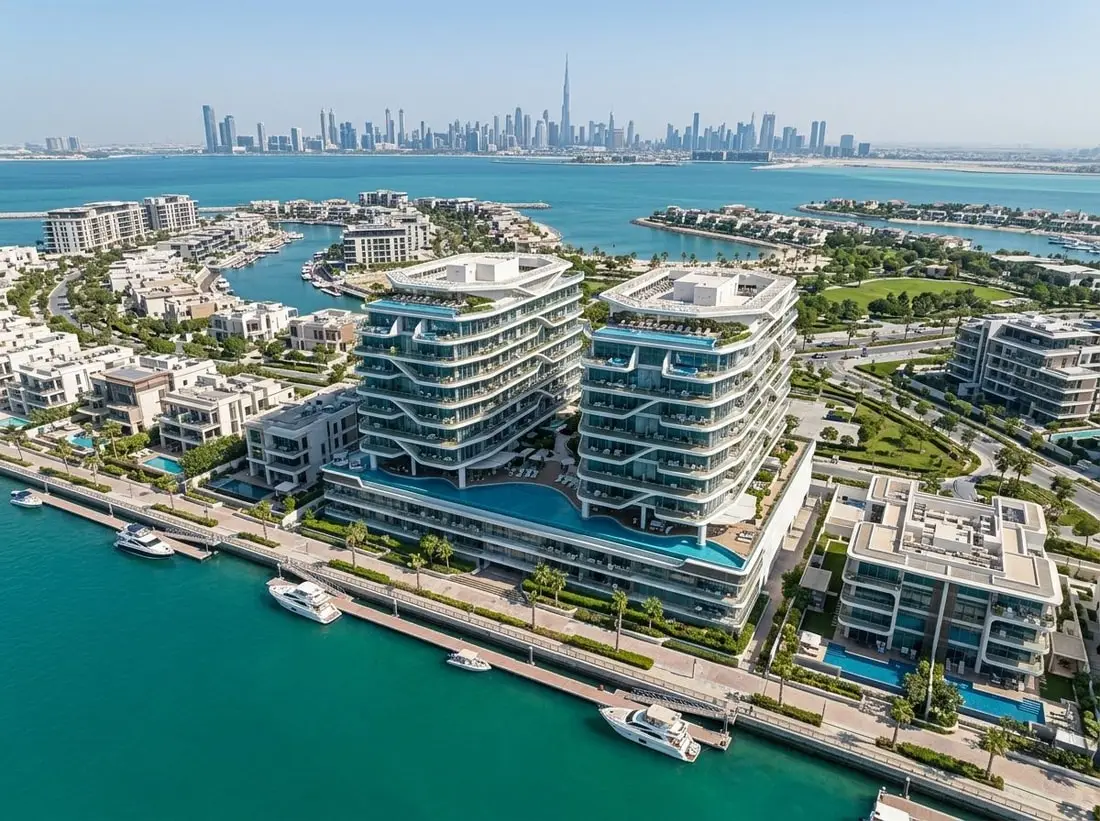 Lotniczy widok nadmorskiej dzielnicy Dubai Islands