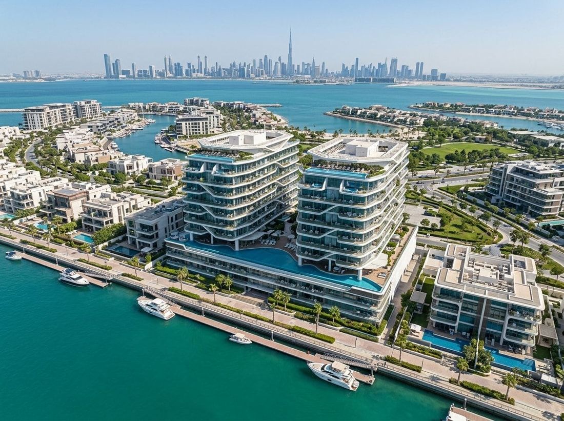 Lotniczy widok nadmorskiej dzielnicy Dubai Islands