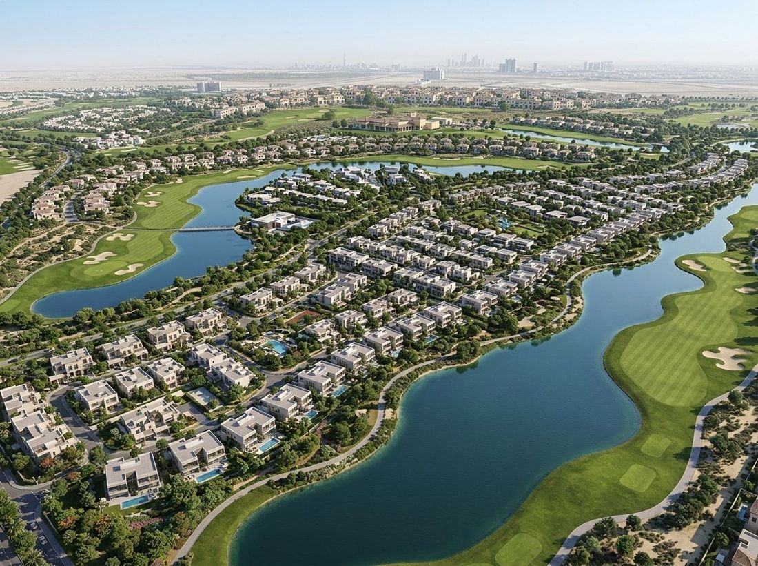 Lotniczy plan osiedla willi Jouri Hills w Jumeirah Golf Estates z polami golfowymi i jeziorami
