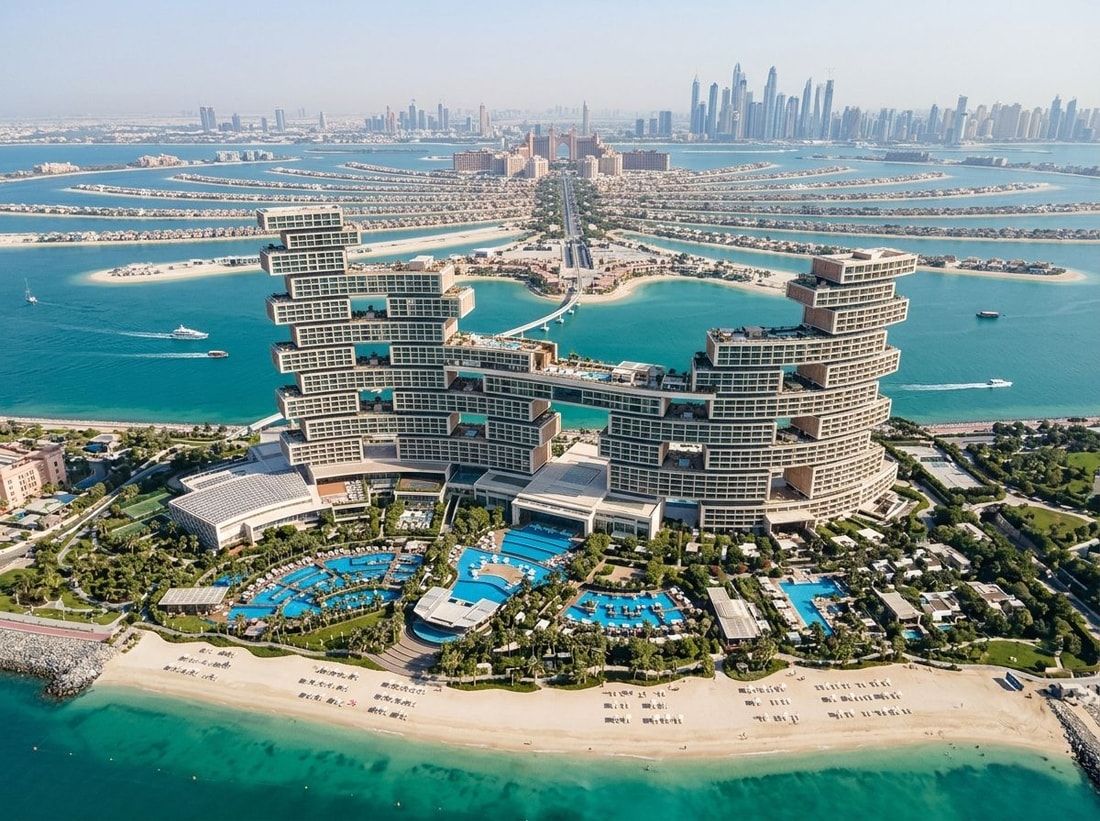 Lotniczy widok ikonicznej wieży kurortu na koronie Palm Jumeirah
