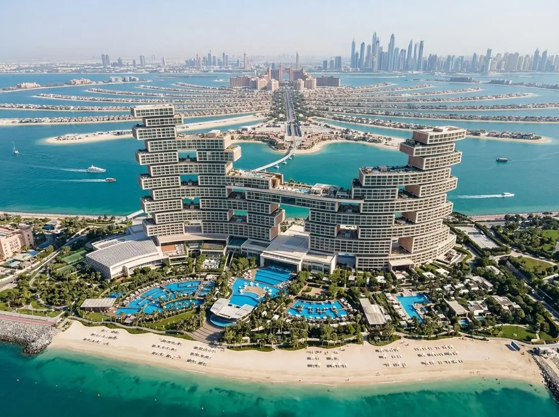 Lotniczy widok ikonicznej wieży kurortu na koronie Palm Jumeirah