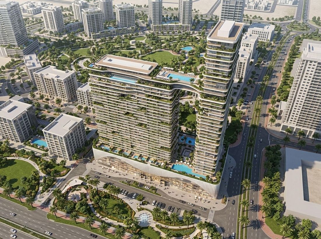 Lotniczy plan wieży One Sky Park z ogrodami na wysokości w JVC