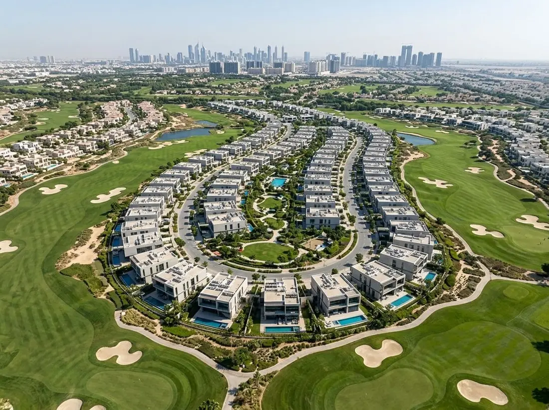 Lotniczy plan osiedla willi w Jumeirah Golf Estates
