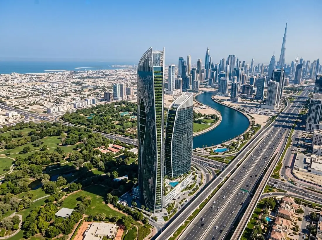 Lotniczy widok wieży Safa One przy Safa Park i Sheikh Zayed Road